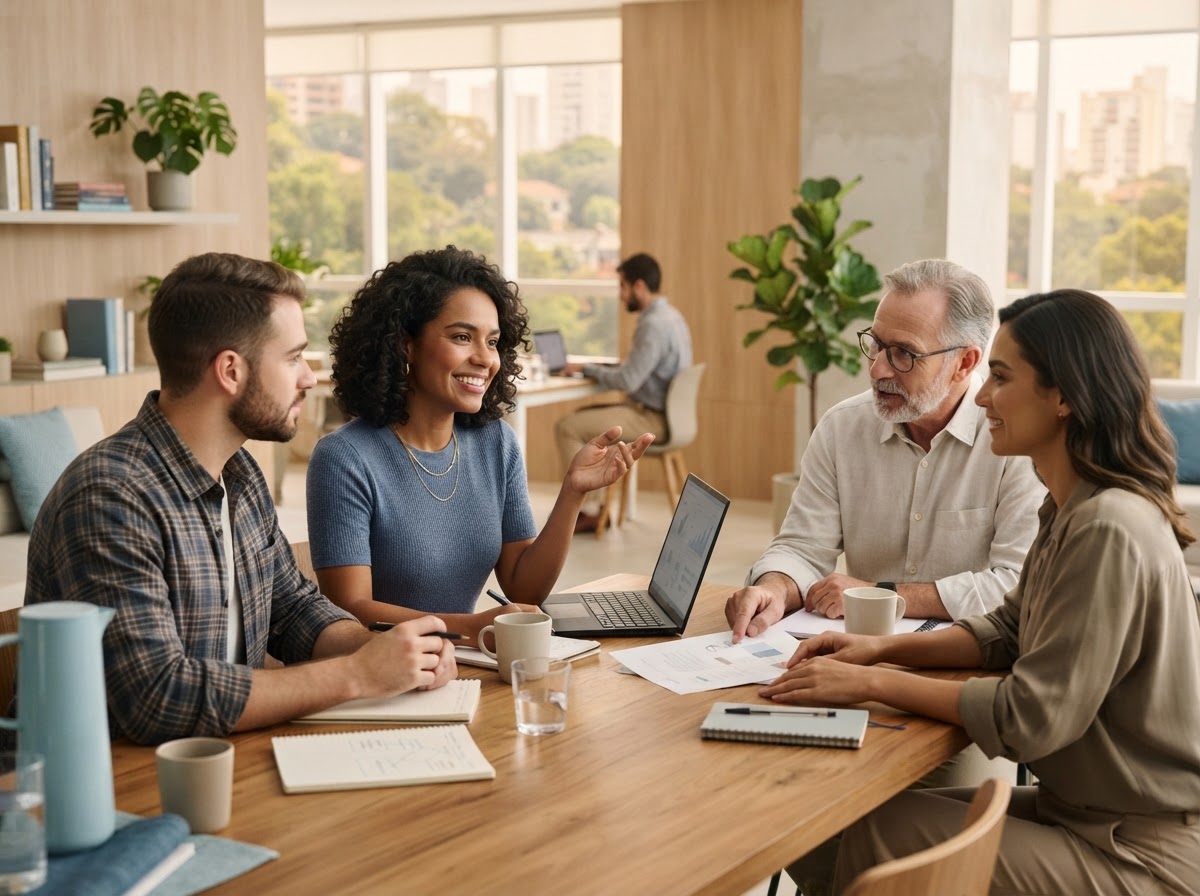 Vívido Provendança — equipe analisando dados financeiros em ambiente de trabalho